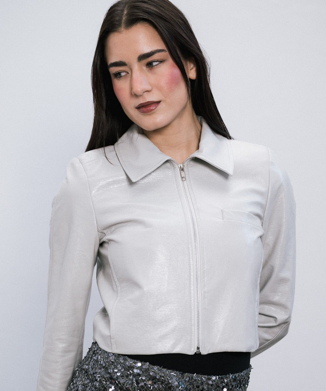 Campera Crop Bone de simil cuero