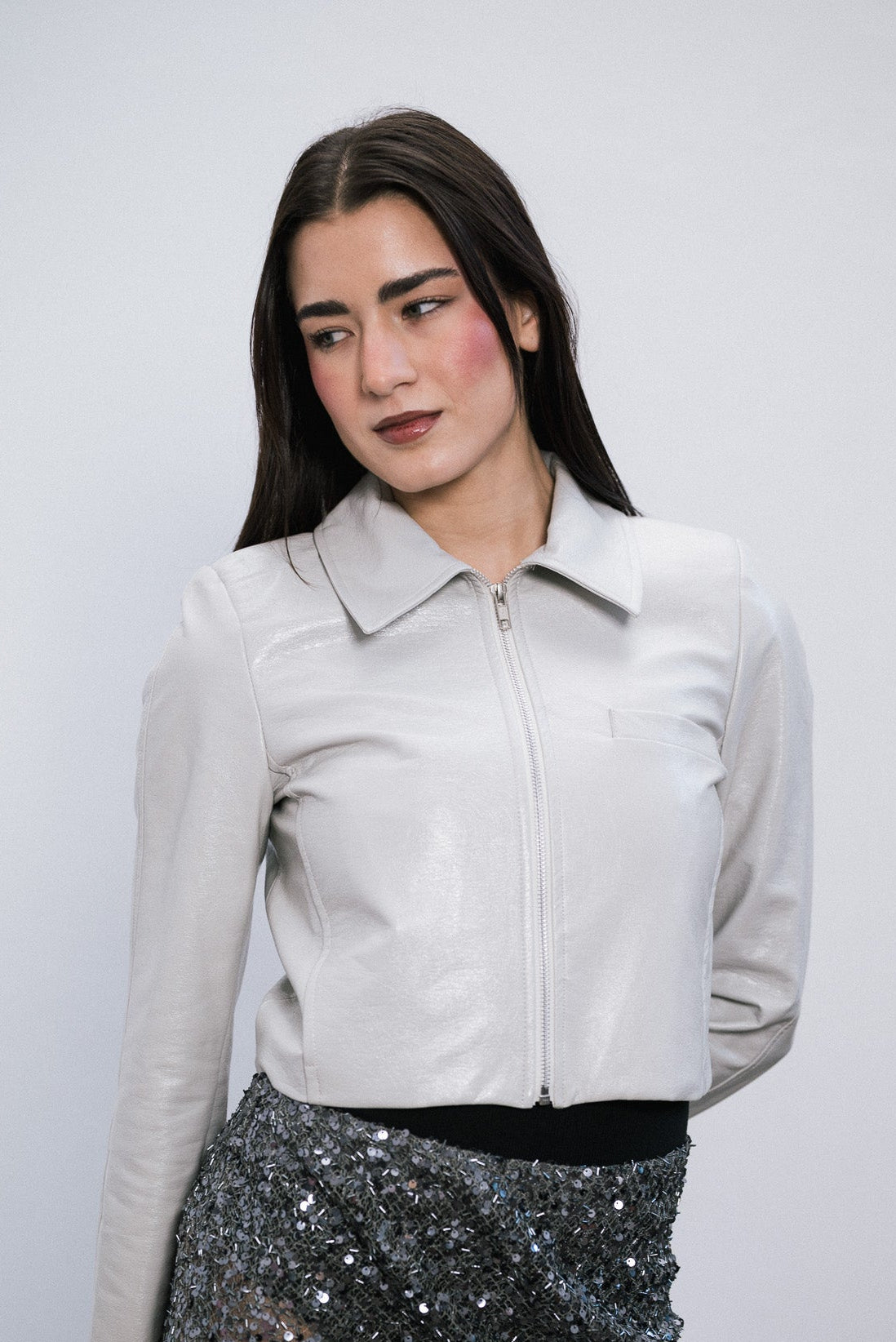 Campera Crop Bone de simil cuero