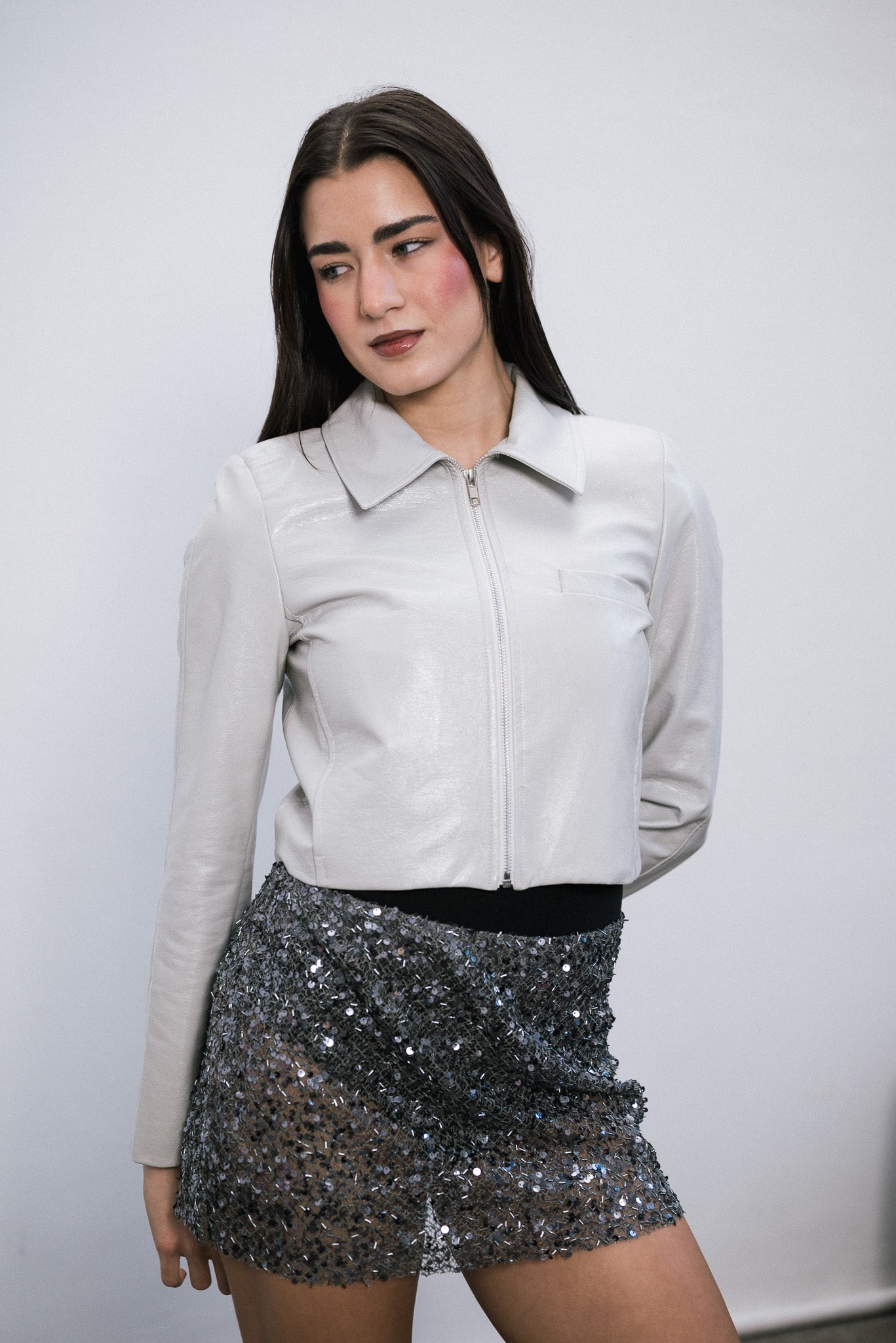 Campera Crop Bone de simil cuero