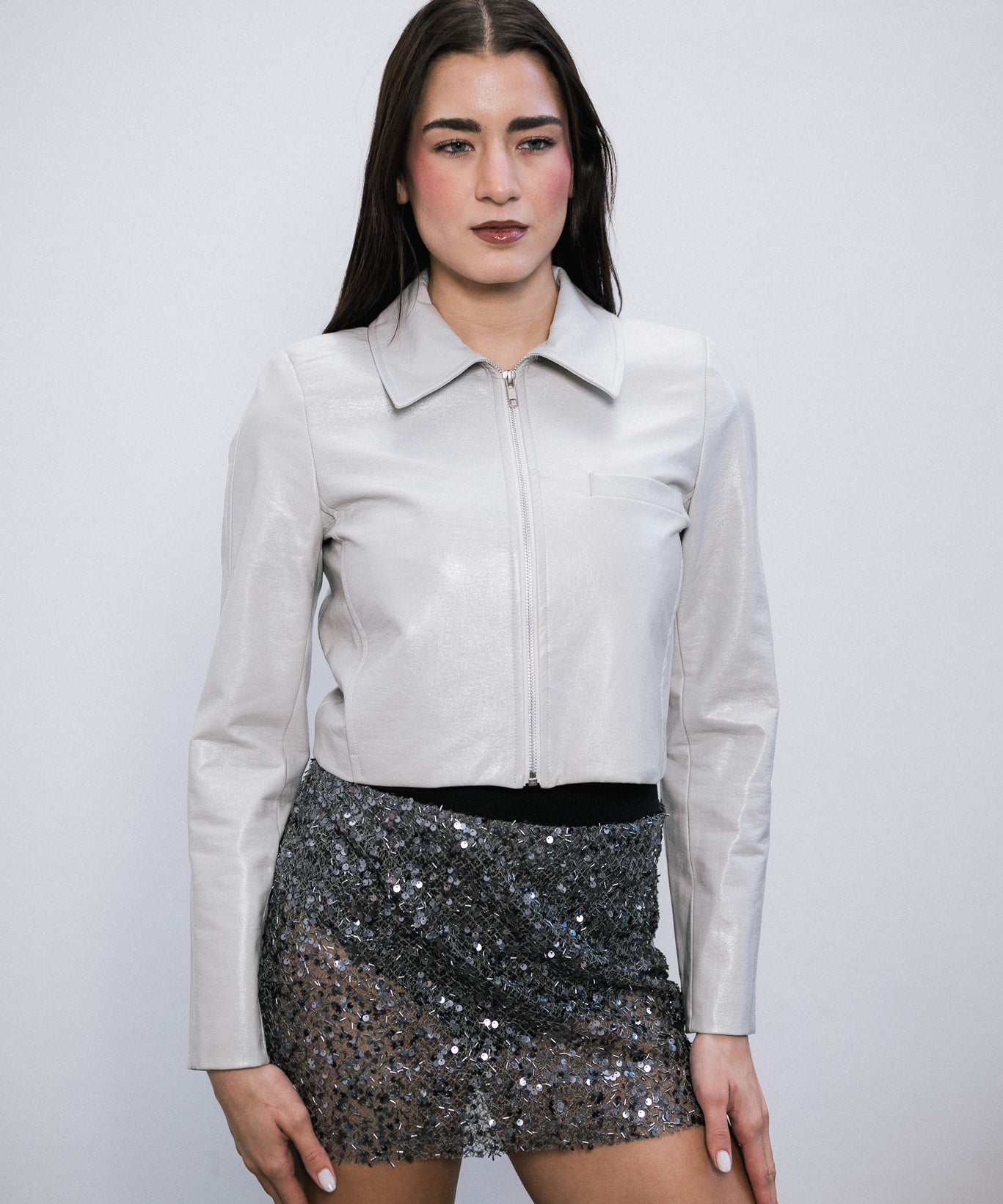 Campera Crop Bone de simil cuero